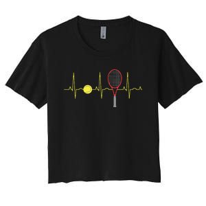 Tennis Player Retro Sport Racket Tennis Ball Heartbeat Women's Crop Top Tee