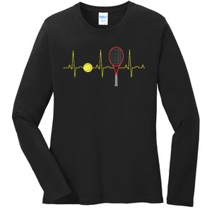 Tennis Player Retro Sport Racket Tennis Ball Heartbeat Ladies Long Sleeve Shirt