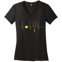 Tennis Player Retro Sport Racket Tennis Ball Heartbeat Women's V-Neck T-Shirt