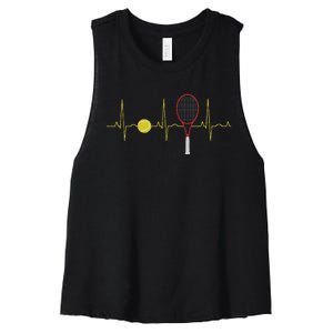 Tennis Player Retro Sport Racket & Tennis Ball Heartbeat Women's Racerback Cropped Tank