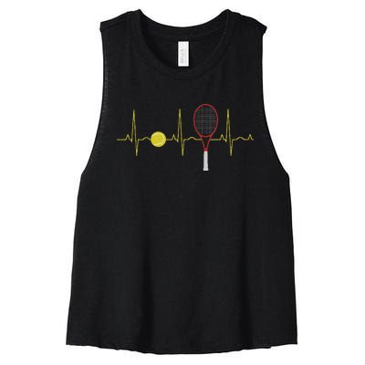 Tennis Player Retro Sport Racket & Tennis Ball Heartbeat Women's Racerback Cropped Tank