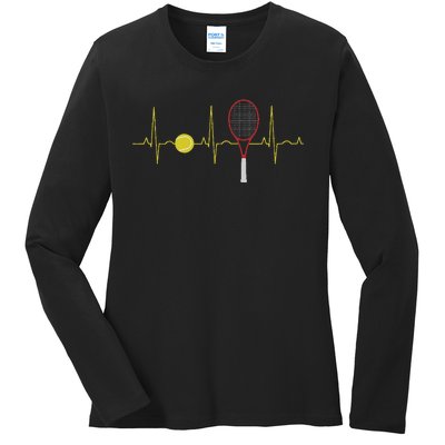 Tennis Player Retro Sport Racket & Tennis Ball Heartbeat Ladies Long Sleeve Shirt