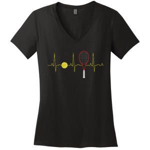 Tennis Player Retro Sport Racket & Tennis Ball Heartbeat Women's V-Neck T-Shirt