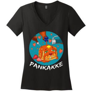 This Pancake REALLY Loves Syrup! Funny Anime Food Pun Women's V-Neck T-Shirt