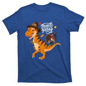 Turkey Pilgrim Riding Trex Dinosaur Thanksgiving Boys Girls Gift T-Shirt