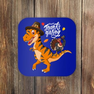 Turkey Pilgrim Riding Trex Dinosaur Thanksgiving Boys Girls Gift Coaster