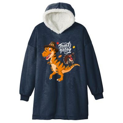 Turkey Pilgrim Riding Trex Dinosaur Thanksgiving Boys Girls Gift Hooded Wearable Blanket