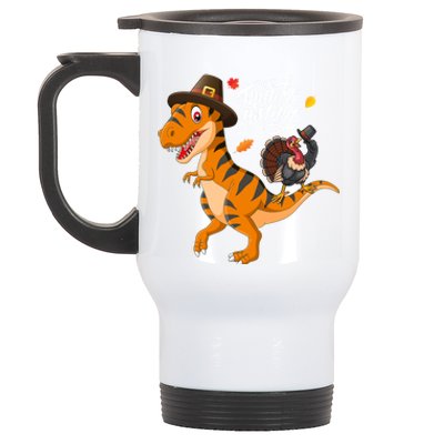 Turkey Pilgrim Riding Trex Dinosaur Thanksgiving Boys Girls Gift Stainless Steel Travel Mug