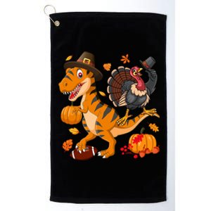 Turkey Pilgrim Riding Trex Dinosaur Thanksgiving And Football Funny Gift Platinum Collection Golf Towel