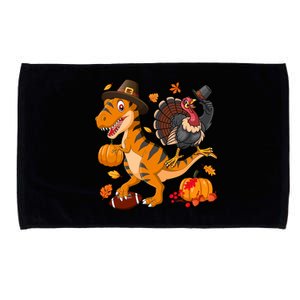 Turkey Pilgrim Riding Trex Dinosaur Thanksgiving And Football Funny Gift Microfiber Hand Towel