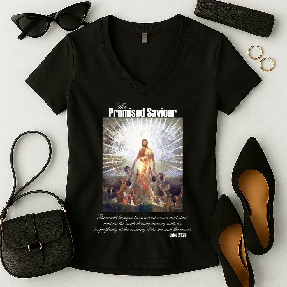 The Promised Saviour Luke Bible Quote Jesus Pray For Peace Women's V-Neck T-Shirt