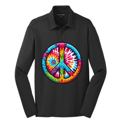 Tiedye Peace Sign Hippie Silk Touch Performance Long Sleeve Polo