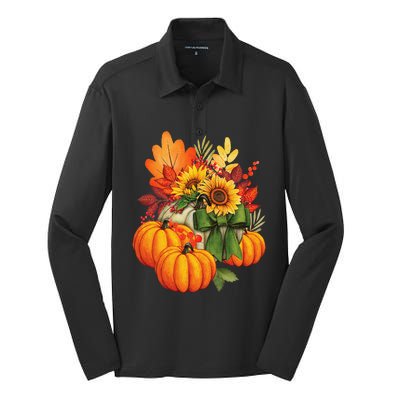 Thanksgiving Pumpkin Sunflower Fall Autumn Holiday Silk Touch Performance Long Sleeve Polo