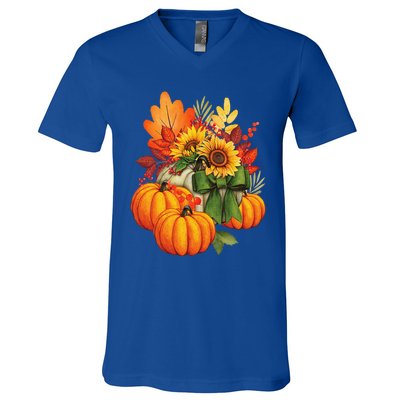 Thanksgiving Pumpkin Sunflower Fall Autumn Holiday V-Neck T-Shirt