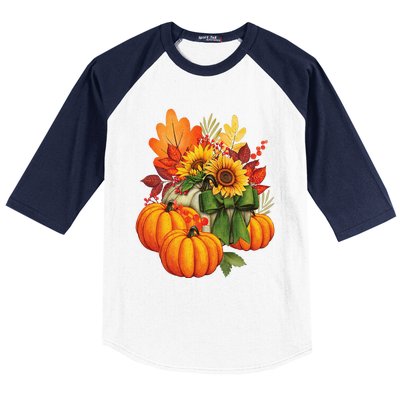 Thanksgiving Pumpkin Sunflower Fall Autumn Holiday Baseball Sleeve Shirt