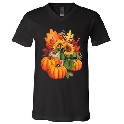 Thanksgiving Pumpkin Sunflower Fall Autumn Holiday V-Neck T-Shirt