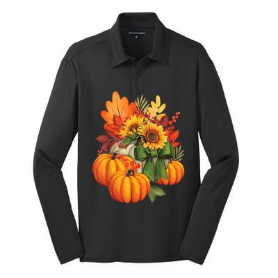 Thanksgiving Pumpkin Sunflower Fall Autumn Holiday Silk Touch Performance Long Sleeve Polo