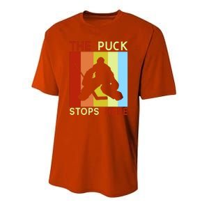 The Puck Stops Here Funny Hockey Goalie Youth Performance Sprint T-Shirt