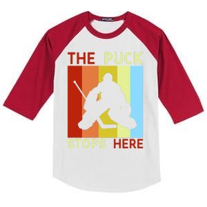 The Puck Stops Here Funny Hockey Goalie Kids Colorblock Raglan Jersey