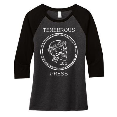 Tenebrous Press Skull & Laurel Straight Cut Hooded Women's Tri-Blend 3/4-Sleeve Raglan Shirt