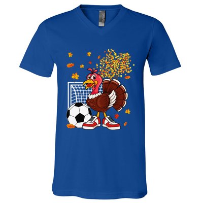 Turkey Playing Soccer Thanksgiving Player Coach Fall Lover V-Neck T-Shirt