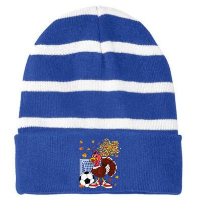 Turkey Playing Soccer Thanksgiving Player Coach Fall Lover Striped Beanie with Solid Band