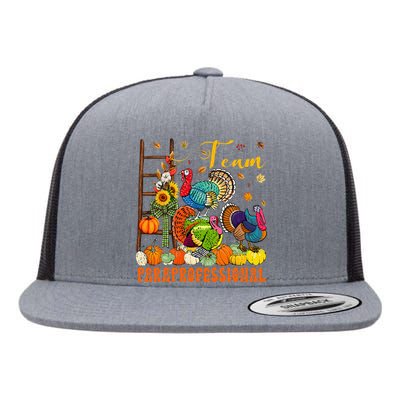 Team Paraprofessional Three Thanksgiving Turkeys Pumpkins Flat Bill Trucker Hat