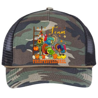 Team Paraprofessional Three Thanksgiving Turkeys Pumpkins Retro Rope Trucker Hat Cap