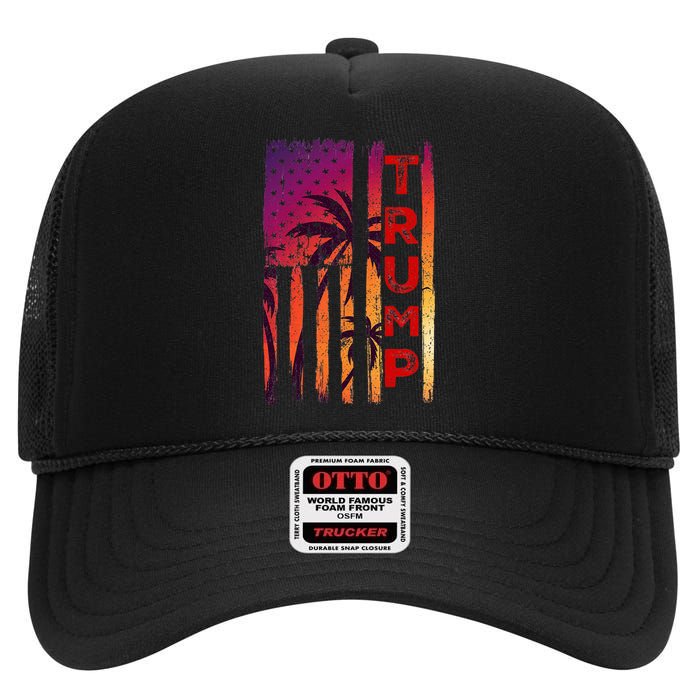 Trump Palm Tree Vintage Distressed American Flag At Sunset High Crown Mesh Back Trucker Hat