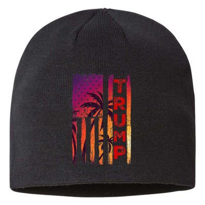 Trump Palm Tree Vintage Distressed American Flag At Sunset Sustainable Beanie