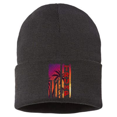 Trump Palm Tree Vintage Distressed American Flag At Sunset Sustainable Knit Beanie