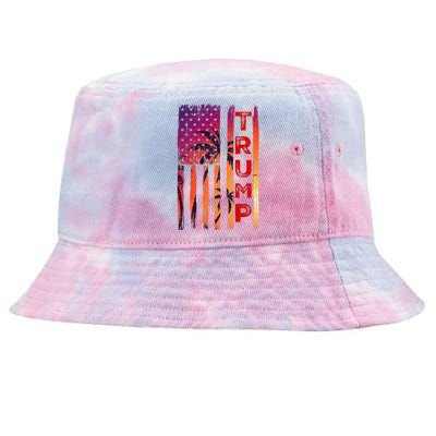 Trump Palm Tree Vintage Distressed American Flag At Sunset Tie-Dyed Bucket Hat