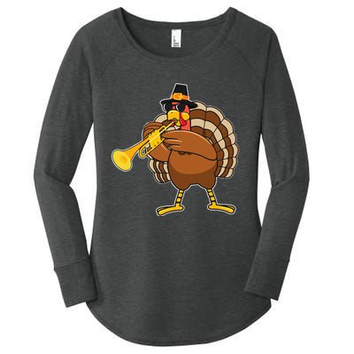 Turkey Playing Trumpet Thanksgiving Women's Perfect Tri Tunic Long Sleeve Shirt