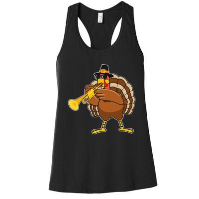 Turkey Playing Trumpet Thanksgiving Women's Racerback Tank