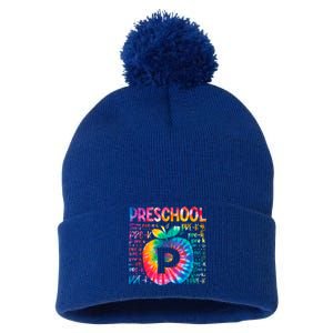 Team Preschool Typography Tie Dye Back To School Teacher Great Gift Pom Pom 12in Knit Beanie