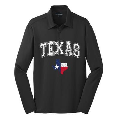 Texas Proud Texan Patriot American USA Flag Vintage Map Silk Touch Performance Long Sleeve Polo