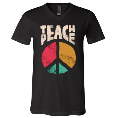 Teach Peace Teacher's Day 2022 Vintage Peace Sign V-Neck T-Shirt