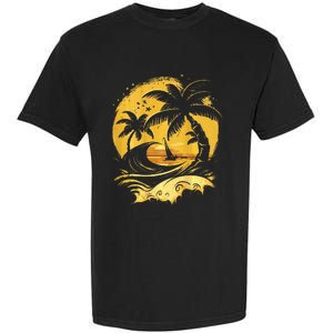 Tropical Palm Trees Sailboat Beach Island Sunset Garment-Dyed Heavyweight T-Shirt