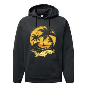 Tropical Palm Trees Sailboat Beach Island Sunset Performance Fleece Hoodie