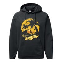 Tropical Palm Trees Sailboat Beach Island Sunset Performance Fleece Hoodie