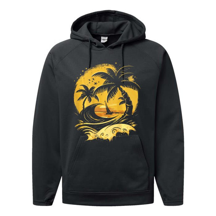 Tropical Palm Trees Sailboat Beach Island Sunset Performance Fleece Hoodie