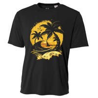 Tropical Palm Trees Sailboat Beach Island Sunset Cooling Performance Crew T-Shirt