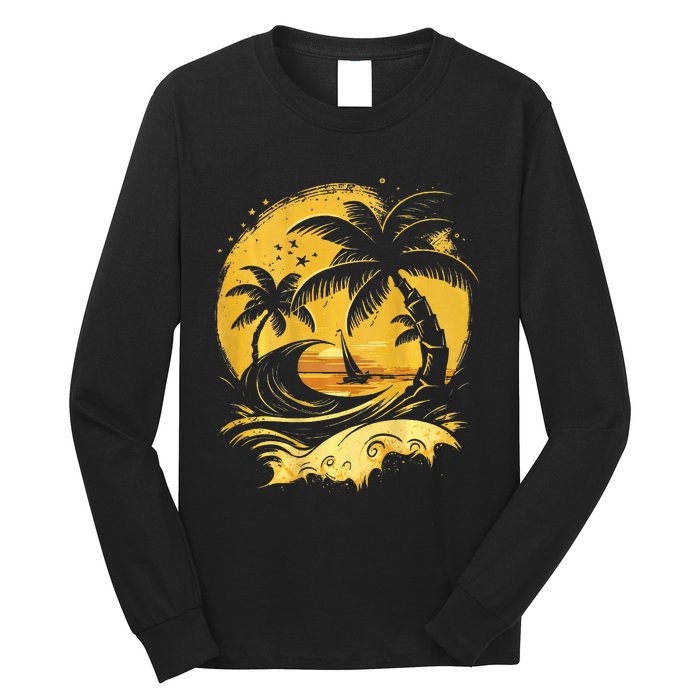 Tropical Palm Trees Sailboat Beach Island Sunset Long Sleeve Shirt