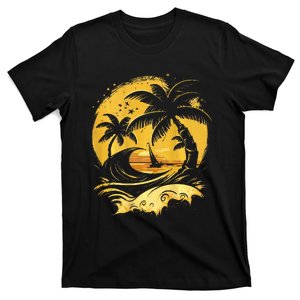 Tropical Palm Trees Sailboat Beach Island Sunset T-Shirt