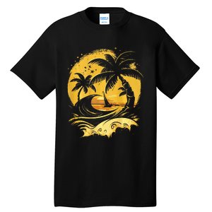 Tropical Palm Trees Sailboat Beach Island Sunset Tall T-Shirt