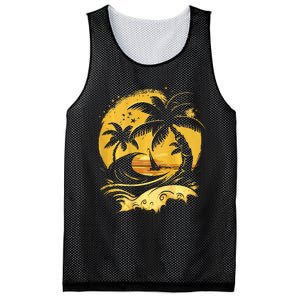 Tropical Palm Trees Sailboat Beach Island Sunset Mesh Reversible Basketball Jersey Tank