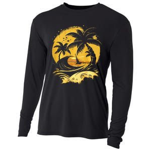 Tropical Palm Trees Sailboat Beach Island Sunset Cooling Performance Long Sleeve Crew