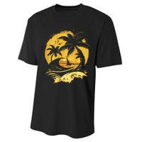 Tropical Palm Trees Sailboat Beach Island Sunset Performance Sprint T-Shirt