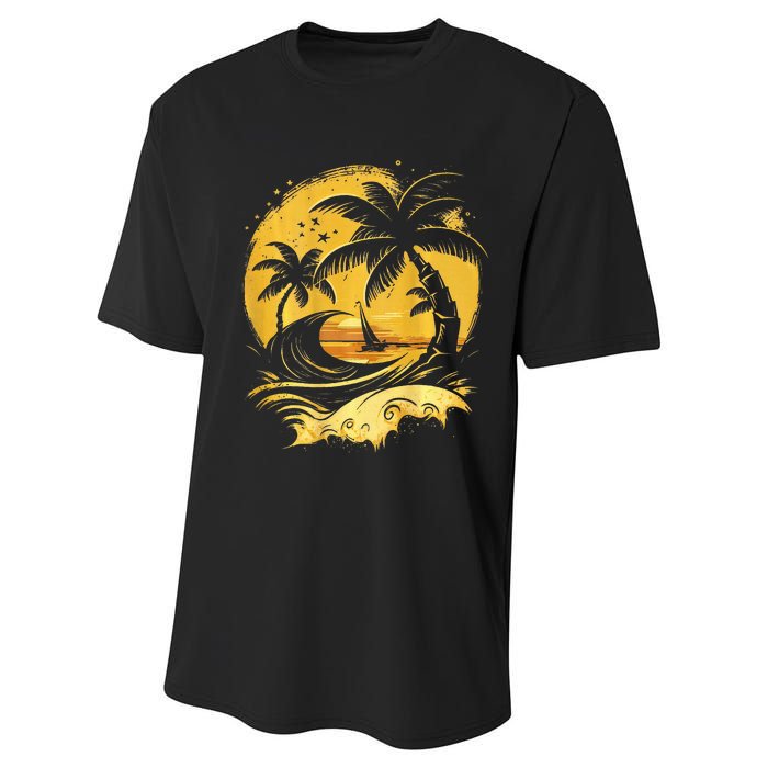 Tropical Palm Trees Sailboat Beach Island Sunset Performance Sprint T-Shirt