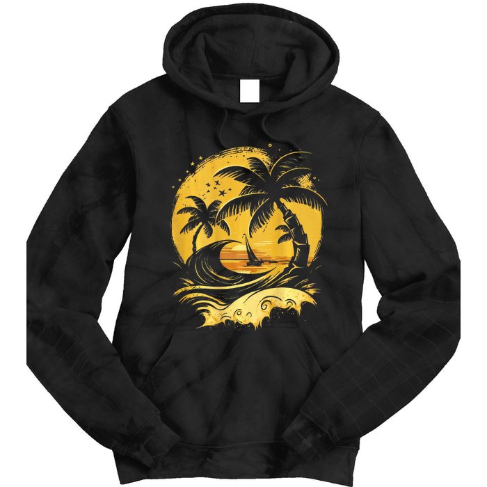 Tropical Palm Trees Sailboat Beach Island Sunset Tie Dye Hoodie